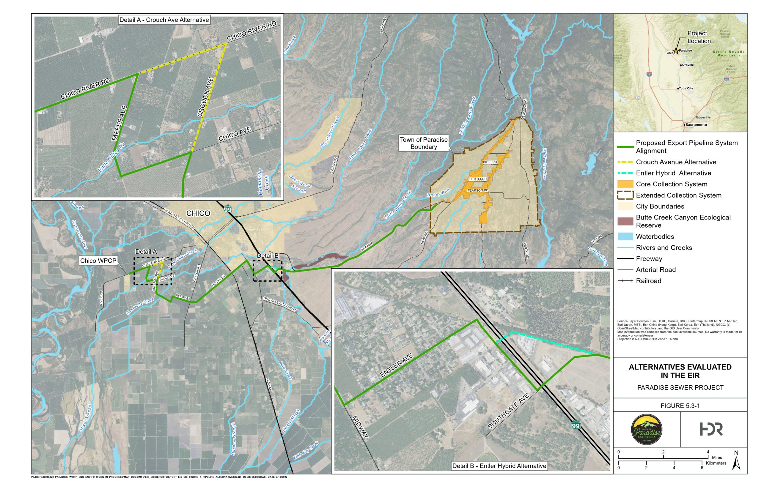 Project Overview Map Showing Sewer Service Area going from Chico WPCP to Paradise